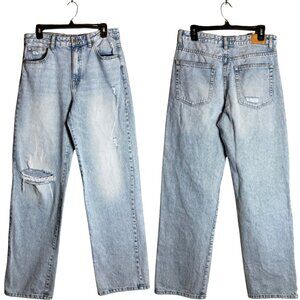 Pull&Bear High Rise Wide Leg Denim Jeans Women's 6 Light Wash Distressed Rigid